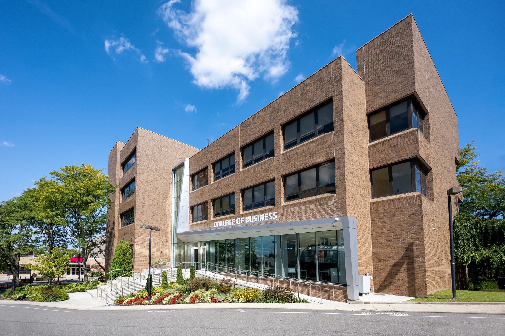 Commercial building exterior with large glass frontage